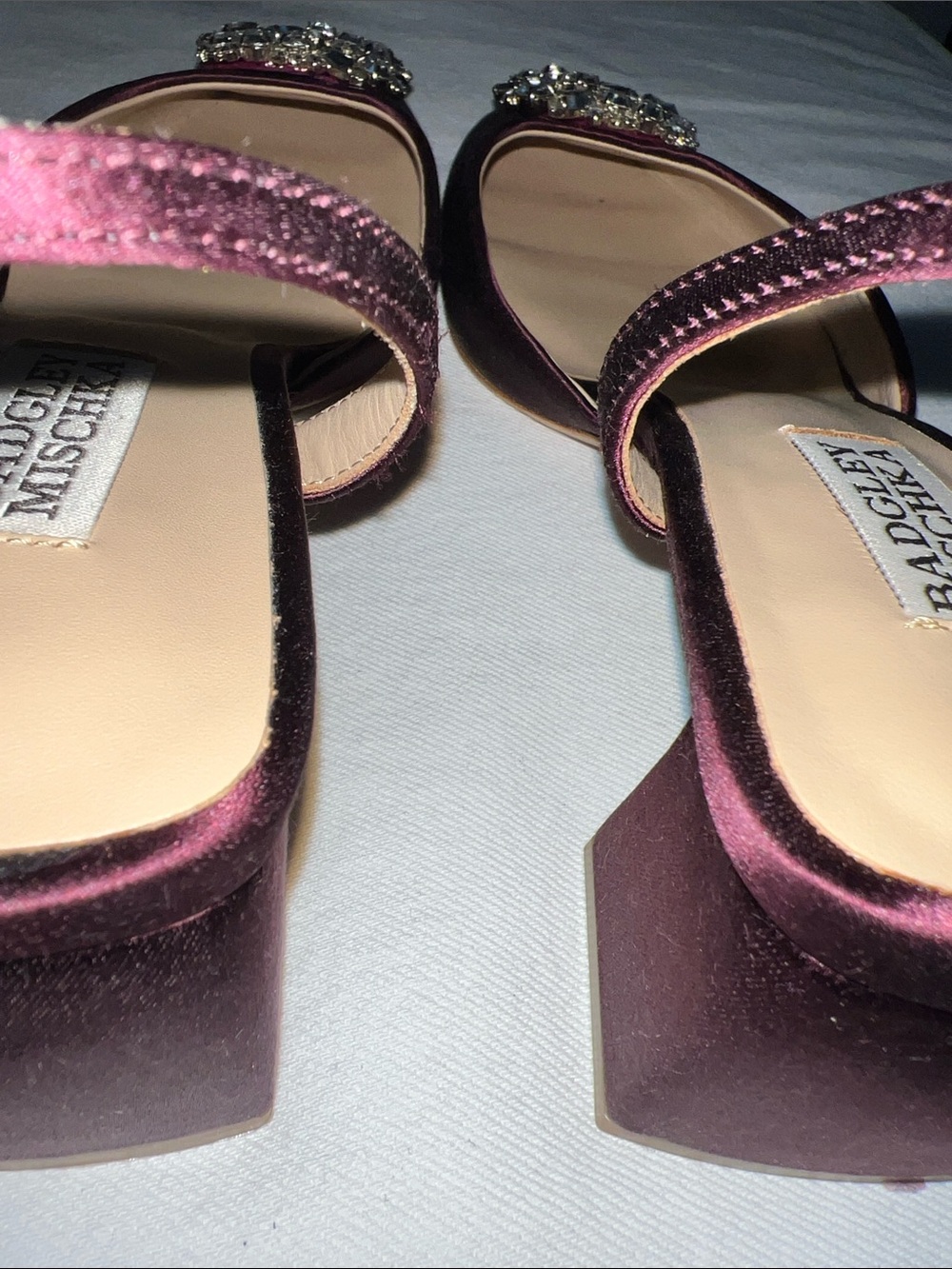 Badgley Mischka Plum Satin Slingback Heels with Crystal Buckles - Picture 7 of 9